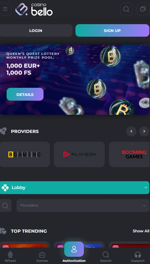 casinobello mobile home page