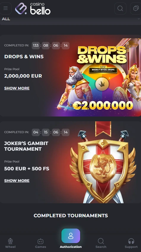 casinobello mobile tournaments page